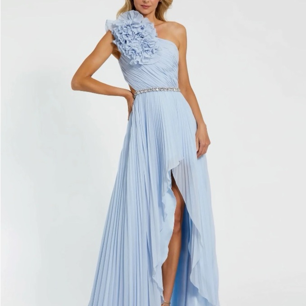 Mac Duggal Blue One Shoulder Pleated Gown with Side Slit